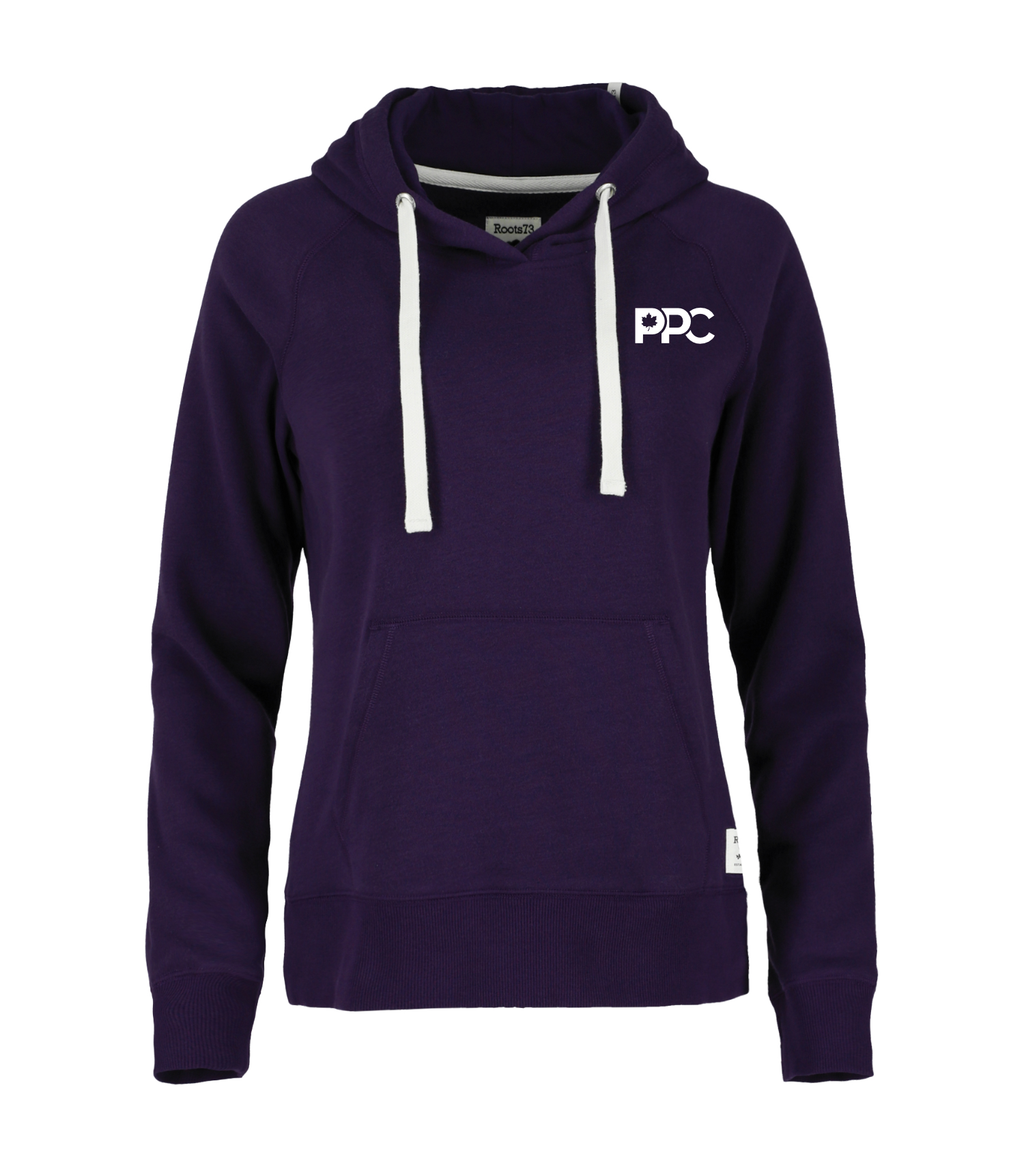 Chandail à capuchon Roots violet PPC pour femmes avec cordons blancs
